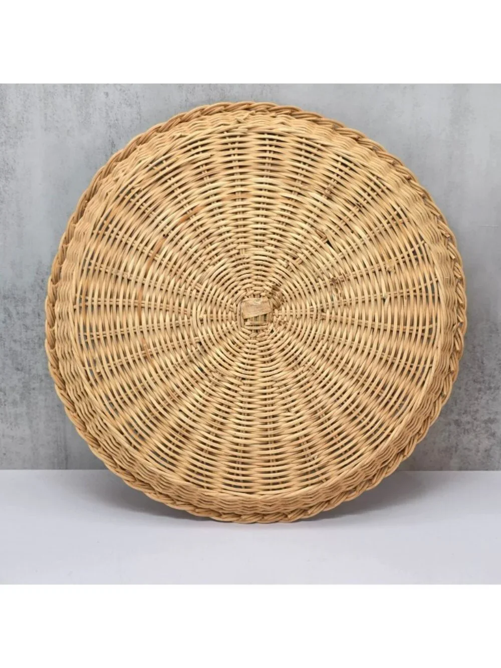 Large Vintage Woven Rattan Round Basket Tray Handmade Rustic Decor 12.5